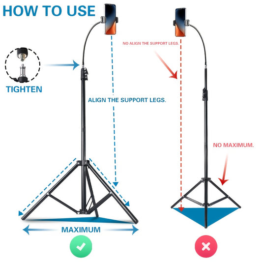 57inch Adjustable Phone Tripod with 360° Goose Neck, Universal Phone Grip, Ideal for Content Creators, Live Broadcast& Filming, Selfie