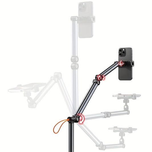 Adjustable Aluminum Alloy Phone Tripod Stand - Portable Floor & Tabletop Mount for Live Streaming, Video Recording, and Photography with Sturdy Black Metal Frame and Flexible Arm