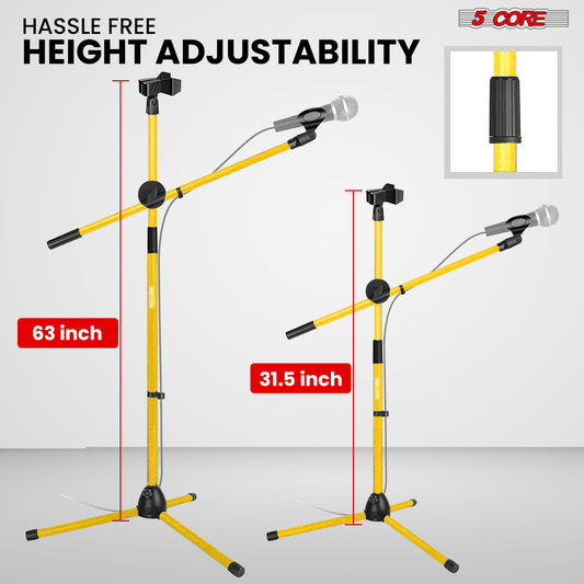5 Core Mic Stand Floor Universal Height Adjustable Tripod Microphone Stands Holds 2 Mics w Extending Telescoping Boom Arm Foldable Portable for Studio On Stage Yellow - MS DBL G YLW