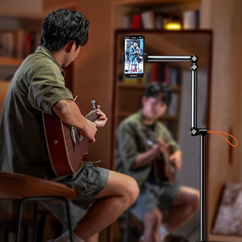 Adjustable Aluminum Alloy Phone Tripod Stand - Portable Floor & Tabletop Mount for Live Streaming, Video Recording, and Photography with Sturdy Black Metal Frame and Flexible Arm