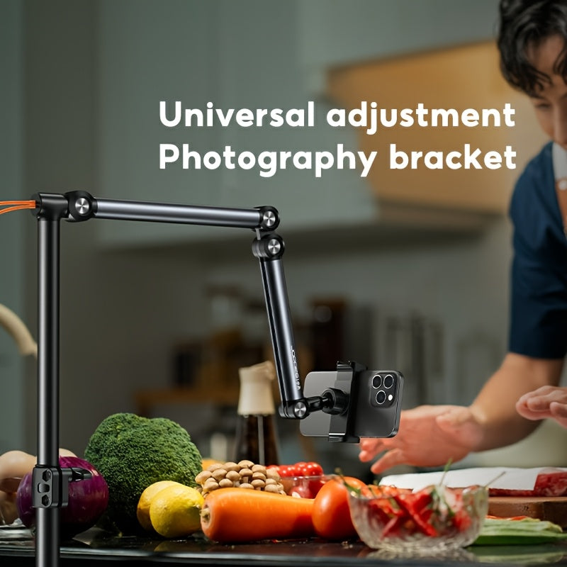 Adjustable Aluminum Alloy Phone Tripod Stand - Portable Floor & Tabletop Mount for Live Streaming, Video Recording, and Photography with Sturdy Black Metal Frame and Flexible Arm