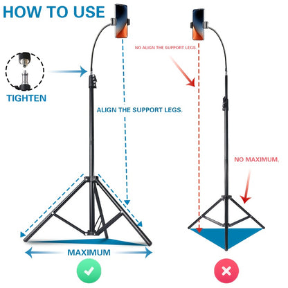 57inch Adjustable Phone Tripod with 360° Goose Neck, Universal Phone Grip, Ideal for Content Creators, Live Broadcast& Filming, Selfie