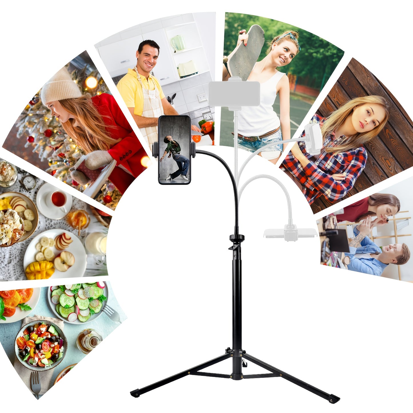 57inch Adjustable Phone Tripod with 360° Goose Neck, Universal Phone Grip, Ideal for Content Creators, Live Broadcast& Filming, Selfie