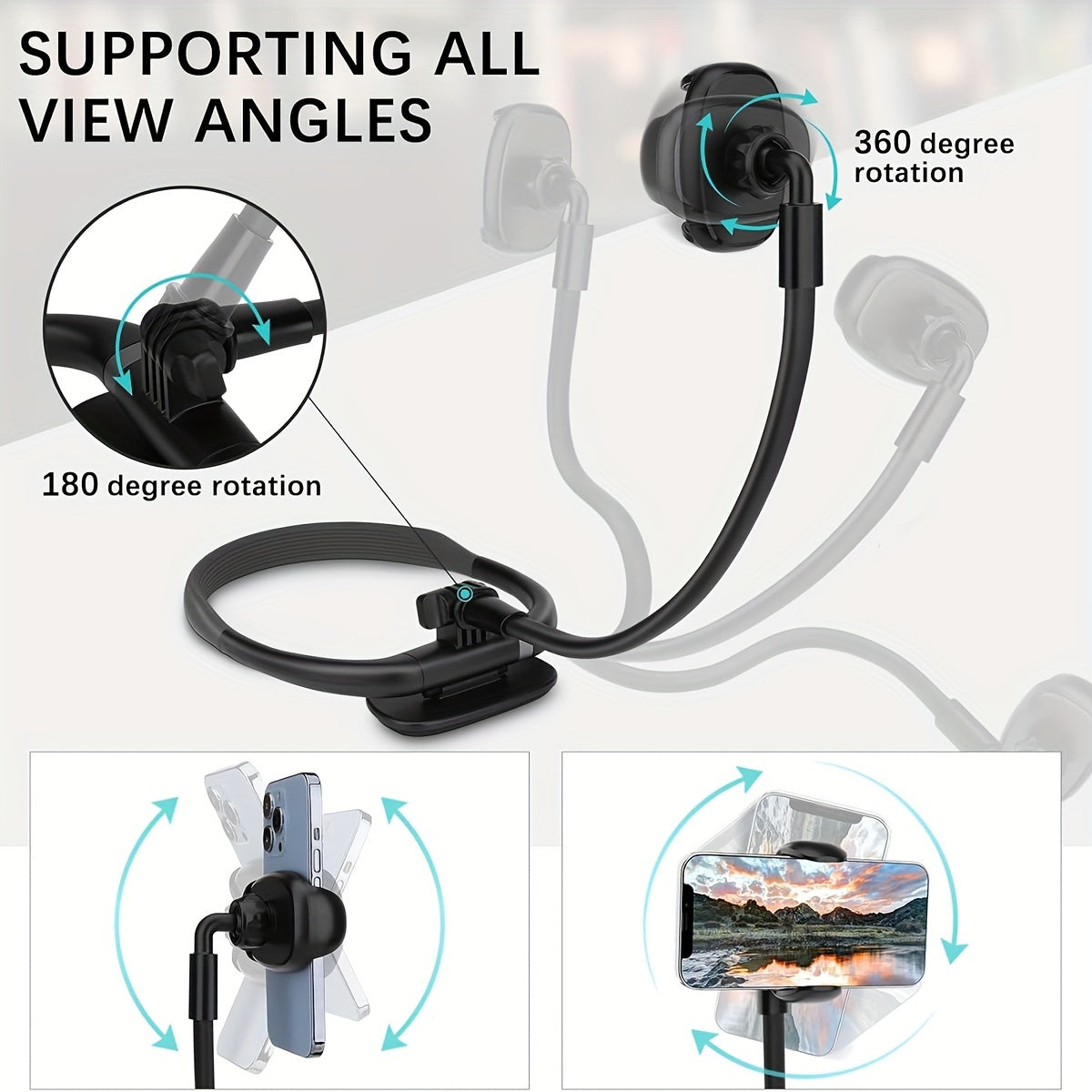 1pc FlexiMounts Silicone Gooseneck Phone Holder Stand, Waterproof Neckband Mount for Hands-Free Desktop and Bed Use, Universal Compatibility with Smartphones