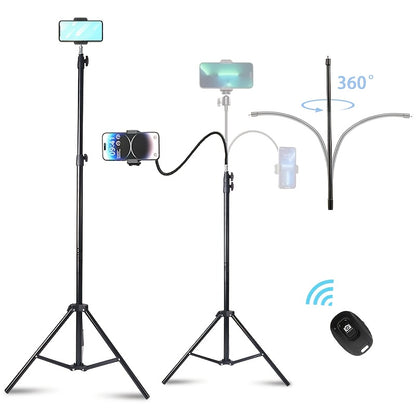 57inch Adjustable Phone Tripod with 360° Goose Neck, Universal Phone Grip, Ideal for Content Creators, Live Broadcast& Filming, Selfie