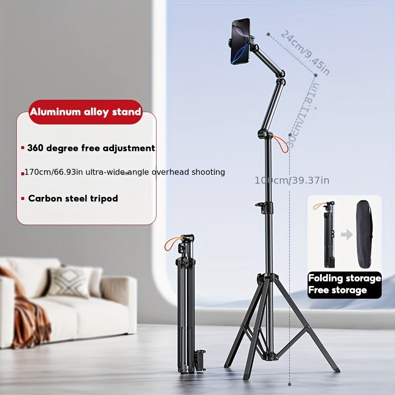 Adjustable Aluminum Alloy Phone Tripod Stand - Portable Floor & Tabletop Mount for Live Streaming, Video Recording, and Photography with Sturdy Black Metal Frame and Flexible Arm