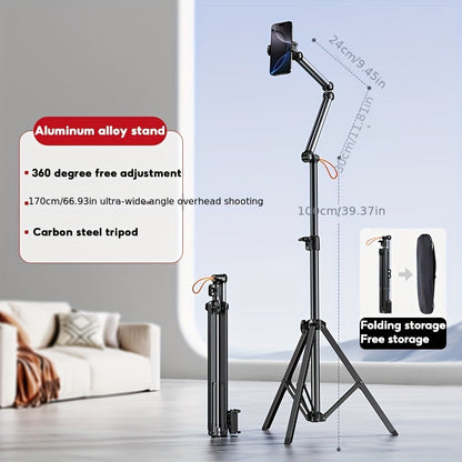 Adjustable Aluminum Alloy Phone Tripod Stand - Portable Floor & Tabletop Mount for Live Streaming, Video Recording, and Photography with Sturdy Black Metal Frame and Flexible Arm