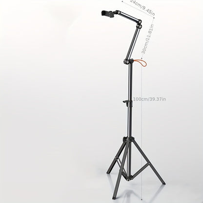 Adjustable Aluminum Alloy Phone Tripod Stand - Portable Floor & Tabletop Mount for Live Streaming, Video Recording, and Photography with Sturdy Black Metal Frame and Flexible Arm