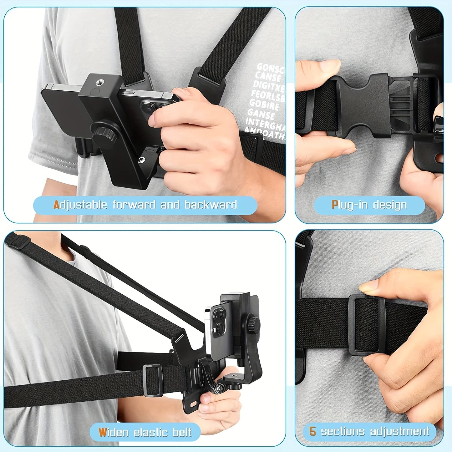 Durable Phone Holder 5-in-1 Chest Mount Phone Holder | Durable ABS Material, Adjustable Strap, Ergonomic Shoulder Design - Perfect for Vlogging, Fishing, Hiking & Live Streaming