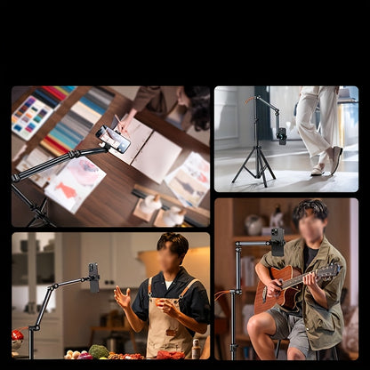 Adjustable Aluminum Alloy Phone Tripod Stand - Portable Floor & Tabletop Mount for Live Streaming, Video Recording, and Photography with Sturdy Black Metal Frame and Flexible Arm