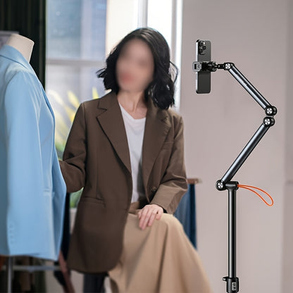 Adjustable Aluminum Alloy Phone Tripod Stand - Portable Floor & Tabletop Mount for Live Streaming, Video Recording, and Photography with Sturdy Black Metal Frame and Flexible Arm