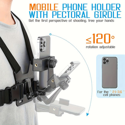 Durable Phone Holder 5-in-1 Chest Mount Phone Holder | Durable ABS Material, Adjustable Strap, Ergonomic Shoulder Design - Perfect for Vlogging, Fishing, Hiking & Live Streaming