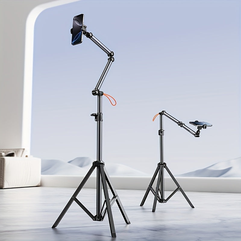 Adjustable Aluminum Alloy Phone Tripod Stand - Portable Floor & Tabletop Mount for Live Streaming, Video Recording, and Photography with Sturdy Black Metal Frame and Flexible Arm