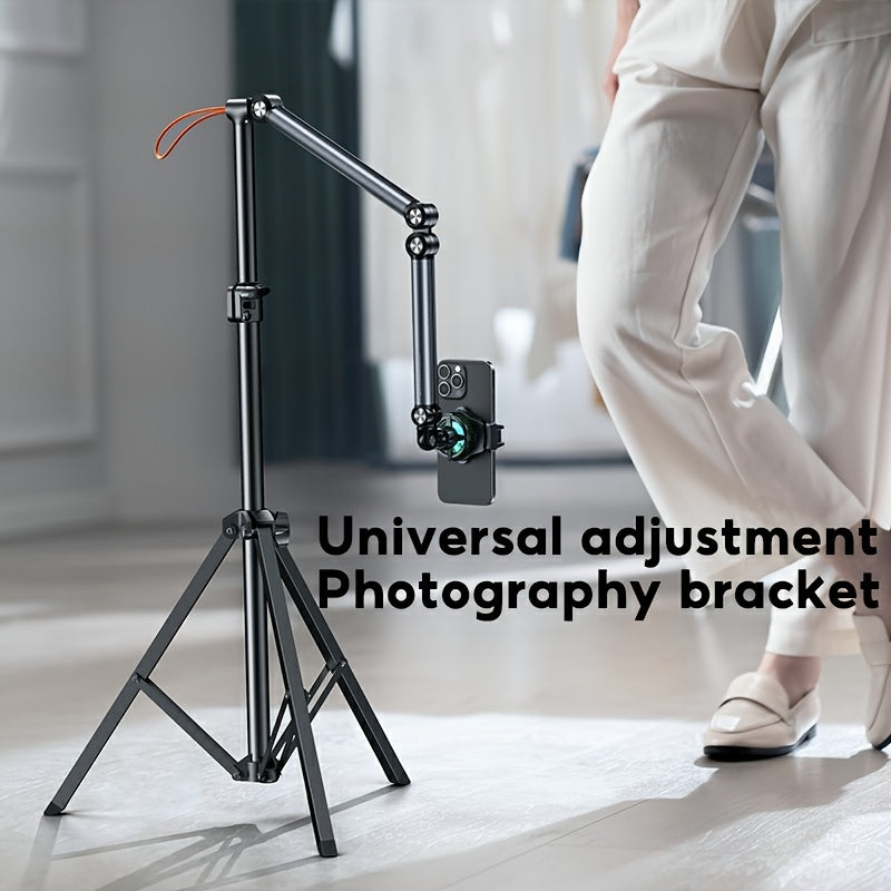 Adjustable Aluminum Alloy Phone Tripod Stand - Portable Floor & Tabletop Mount for Live Streaming, Video Recording, and Photography with Sturdy Black Metal Frame and Flexible Arm